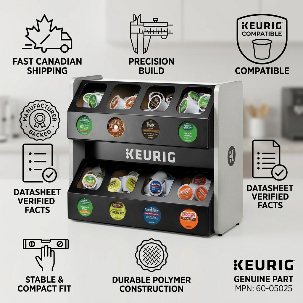 Product infographic for Keurig storage shelf with shipping, build, and compatibility icons.