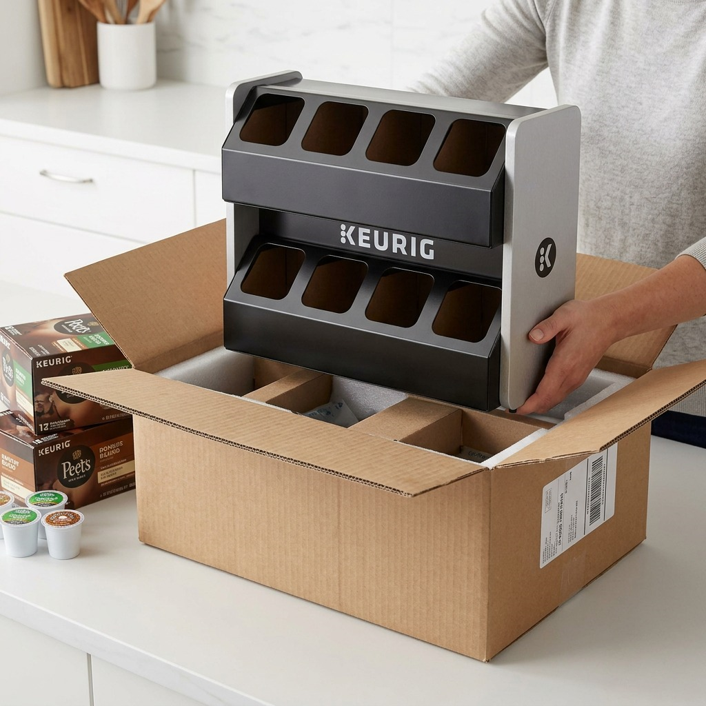 Premium unboxing scene showing the Keurig 60-05025 storage shelf protected in a heavy-duty shipping box.