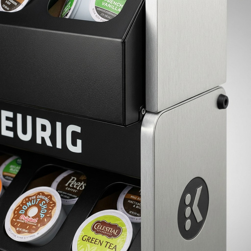 Extreme macro view of the STORAGE SHELF-KEURIG's textures: brushed metal side panel, textured black front, clear pod lids, and the iconic Keurig logo, rendered with precision depth of field and premium lighting.