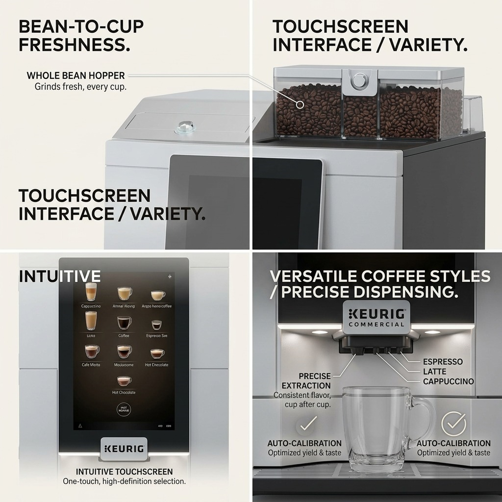 Keurig Eccellenza Momentum feature graphic: bean hopper, touchscreen menu, multi-nozzle dispensing detail, auto-calibration checkmark, consistent flavor, easy interface.