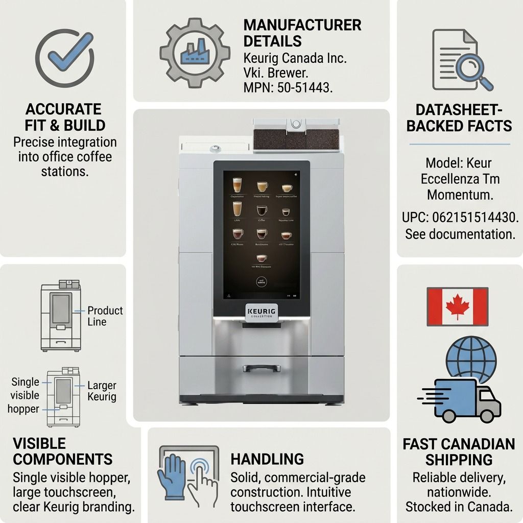 Trust infographic: specific Keurig commercial brewer, MPN 50-51443, for accurate, fast Canadian shipping.