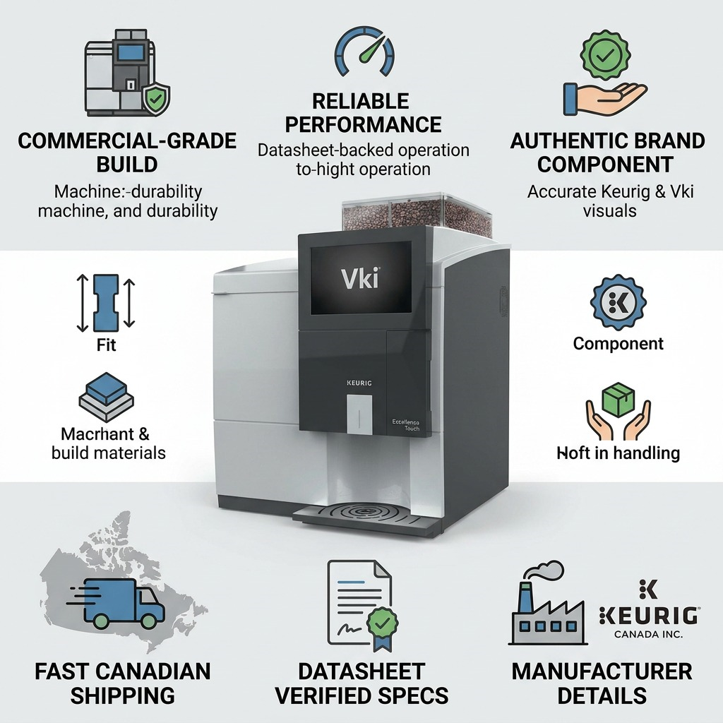 Trust infographic featuring Vki Eccellenza Touch brewer with shipping and spec icons.