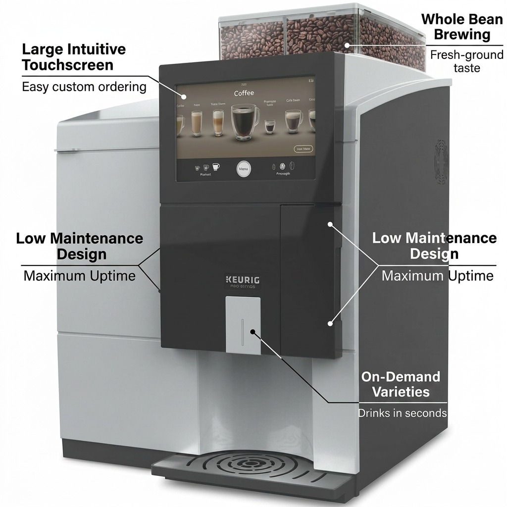 A feature graphic for the Keurig Eccellenza Touch brewer, with pointers highlighting the whole bean hopper for 'Fresh-ground taste,' the large touchscreen for 'Easy custom ordering,' its low maintenance design, and on-demand variety.