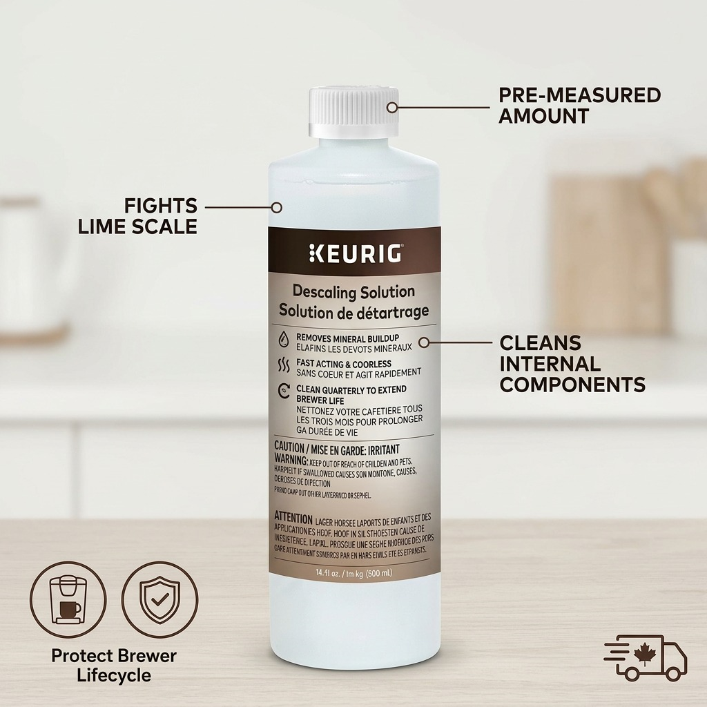 PDP image with accurate scale showing descaling solution bottle on a clean surface, with factual feature callouts.