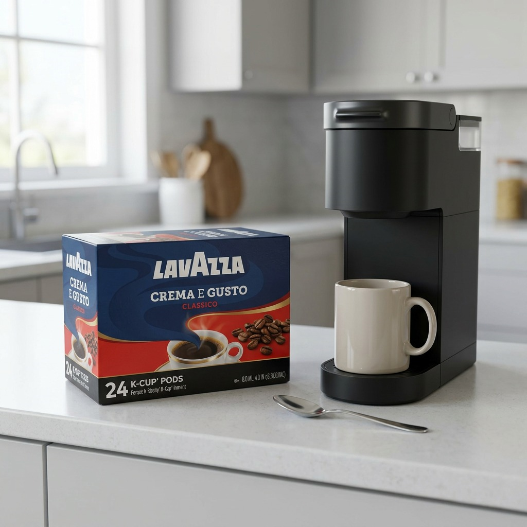 A photo of the Lavazza Crema e Gusto 24-count K-Cup box next to a common mug.