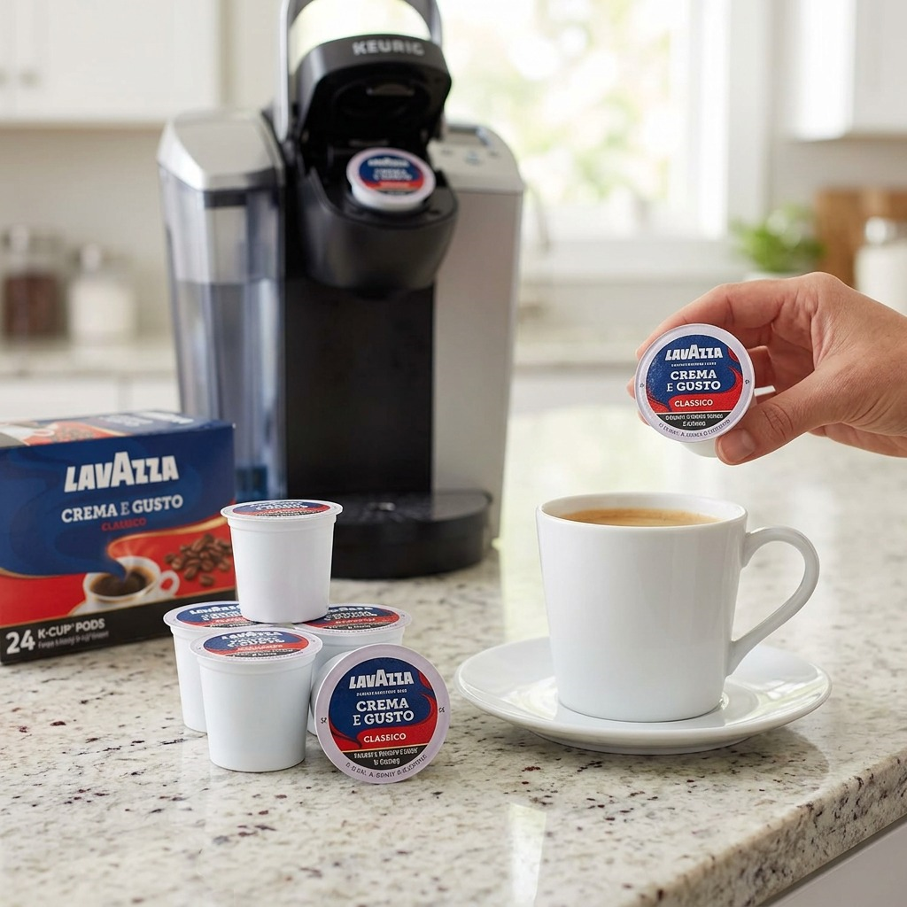 A photo of a white coffee mug filled with espresso, sitting on a wooden counter next to single-serve pods.