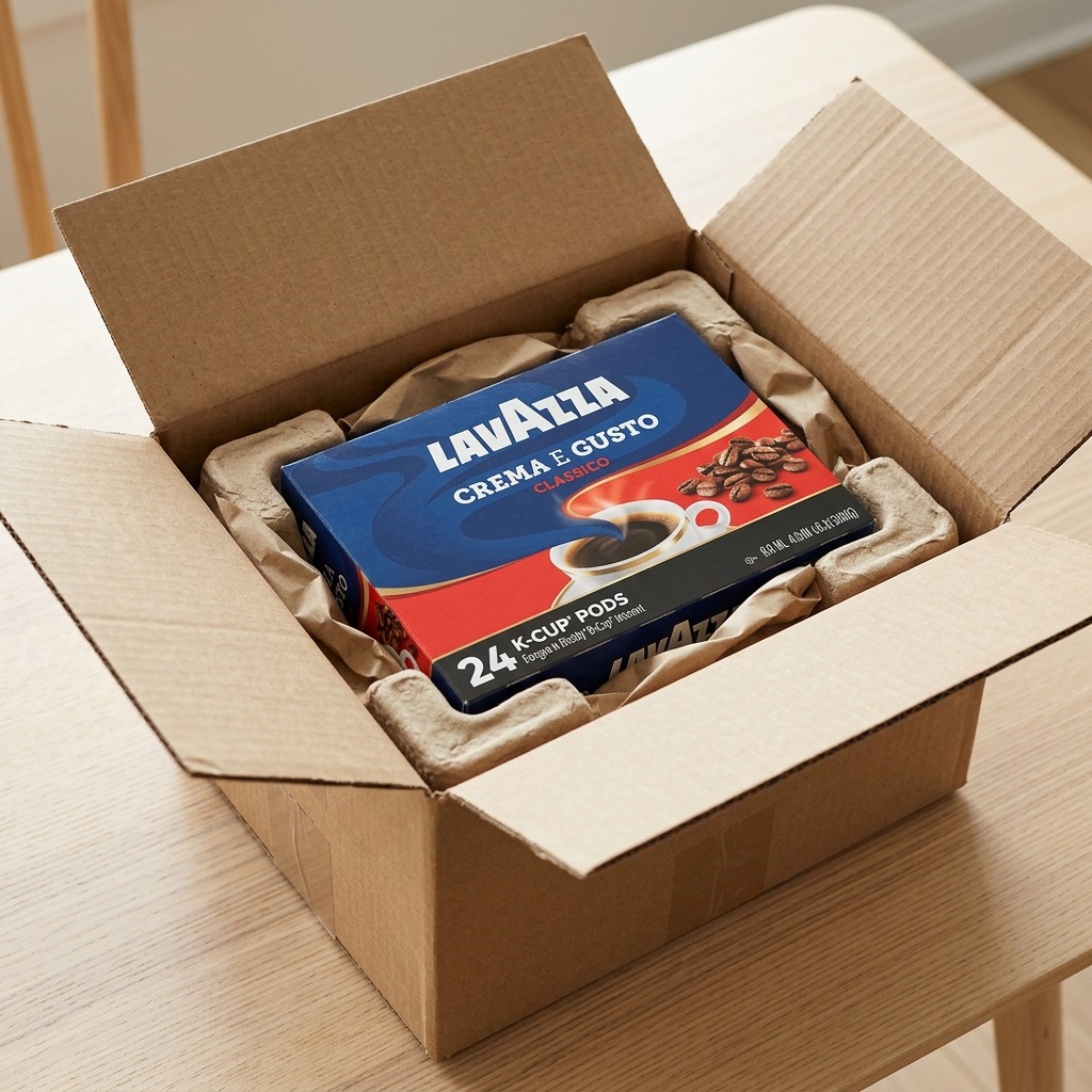 Package-protected Keurig Lavazza Crema E Gusto coffee, showing secure delivery, unboxing ready.