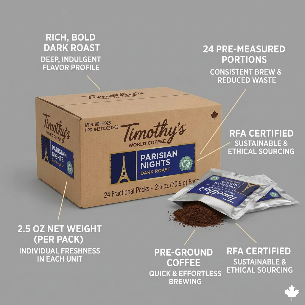 An ecommerce feature graphic detailing key attributes of Timothy's Parisian Nights coffee, with feature callouts.