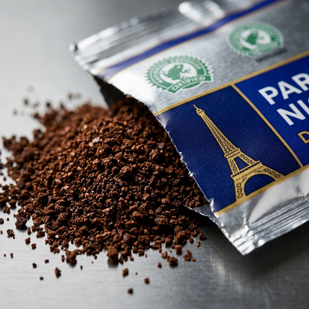 Macro photograph of ground coffee texture, silver pouch material, blue label ink, and Eiffel Tower graphic.