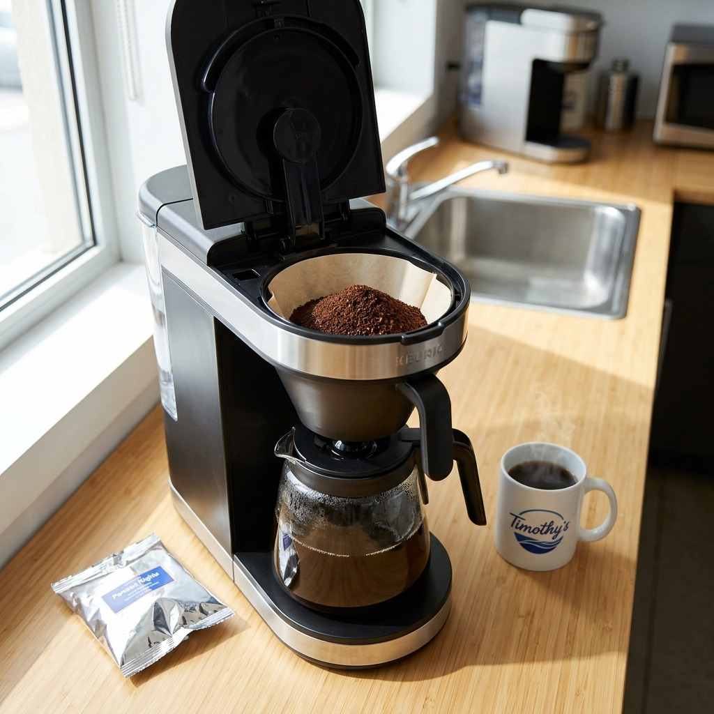 A close-up photograph in a kitchen shows coffee grounds being scooped from an opened silver packet into a coffee filter. The scene features natural morning light, a carafe of freshly dark brew, and a mug in the background.