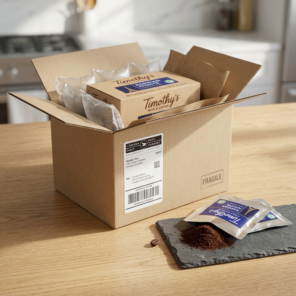A detailed unboxing scene shows the Keurig coffee box, an open fractional pack, and loose coffee grounds.