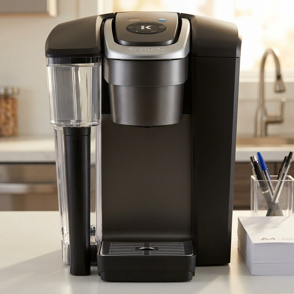 A detailed-scale product reference image, comparing the detailed Keurig Brewer (Commercial) from our canonical reference, with all its parts and finish, against a stacked ream of A4 printer paper and a desk organizer, clearly demonstrating its true size within a realistic office breakroom environment.