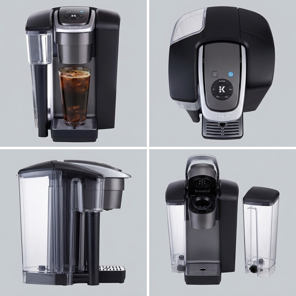 A clean grid-style product visualization matrix features the Keurig Brewer (K1550 Commercial) from top, front, and side angles, highlighting its configuration.