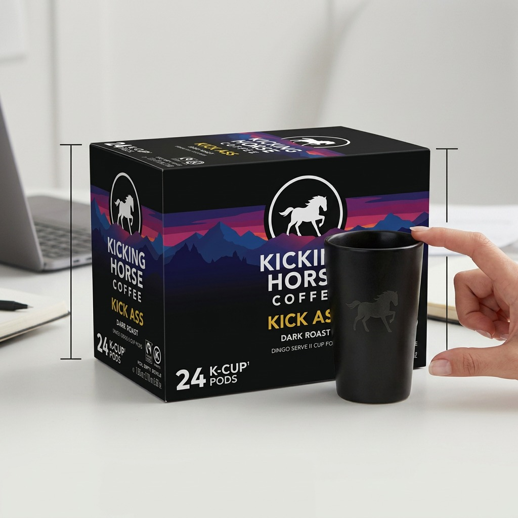 A photorealistic comparison image showing the 24-count Kicking Horse Coffee Kick Ass K-Cup box from image_0.png positioned next to a standard 12 fl oz ceramic coffee mug for size reference.