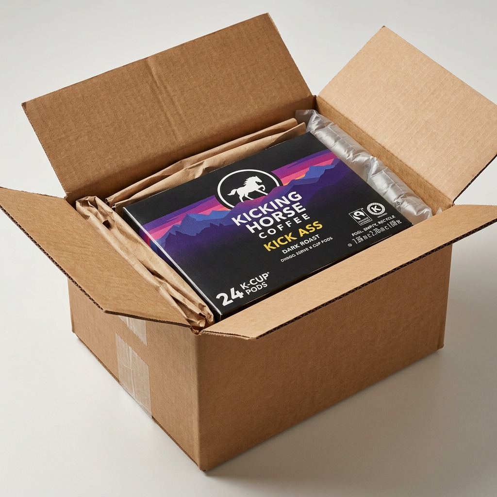 Unboxing image showing the intact Kicking Horse Coffee Kick Ass 24-CT carton inside a shipping box.