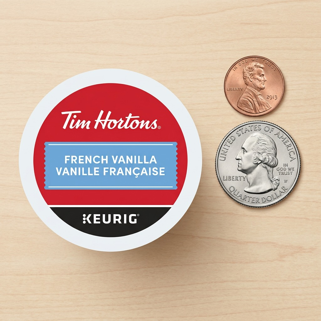 Standard sized coffee pod and penny side-by-side.