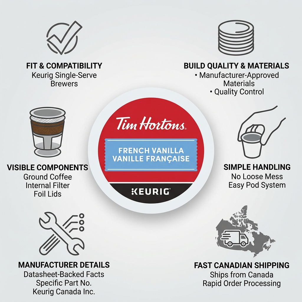 Infographic matrix showing a Tim Hortons French Vanilla K-Cup, icons, and text emphasizing product quality and fast shipping.