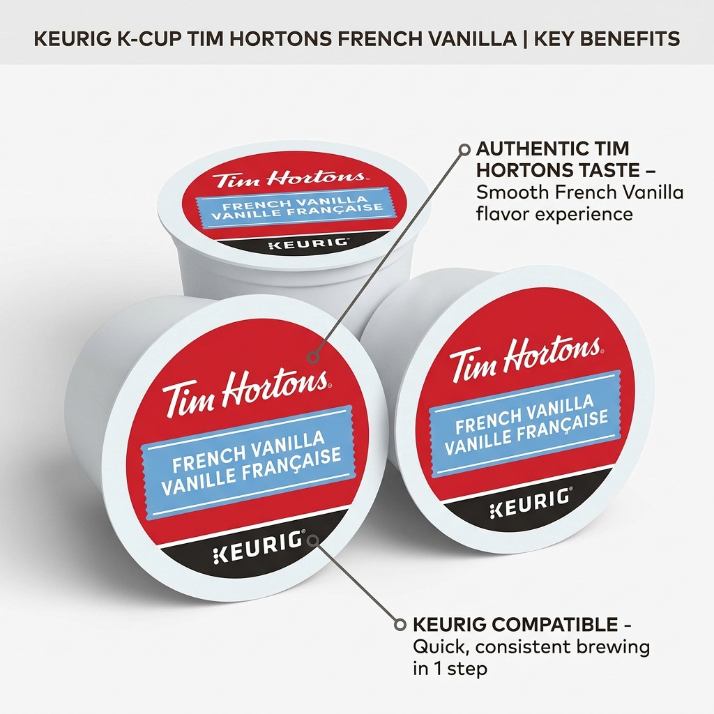 Keurig K-Cup Tim Hortons French Vanilla feature graphic highlighting authentic taste and compatibility.