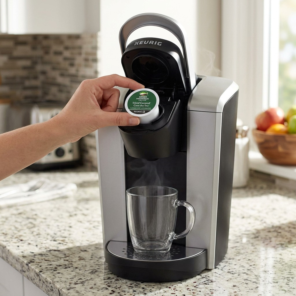 An opened white Keurig brewer on a kitchen counter with the Green Mountain Island Coconut k-cup being inserted.