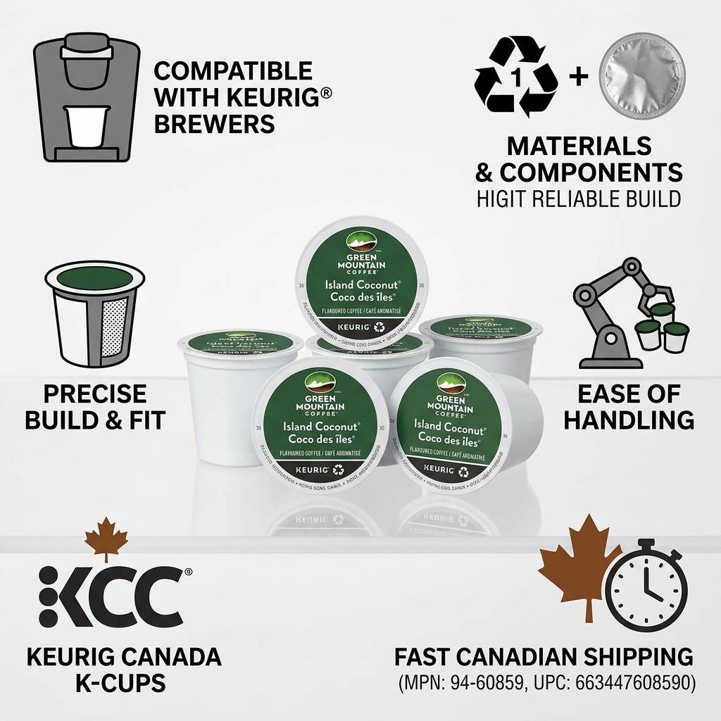 A PDP visual matrix infographic based on image_0.png, showcasing trust and authority for Keurig Canada's Green Mountain Island Coconut K-Cups with key factual points and realistic scale.