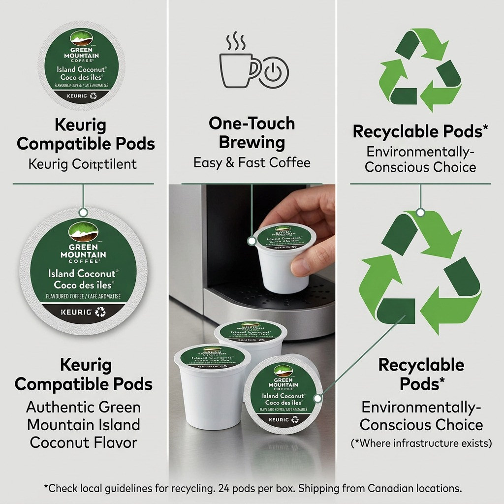 An operational feature matrix for Green Mountain Island Coconut K-Cup pods, detailing key benefits.