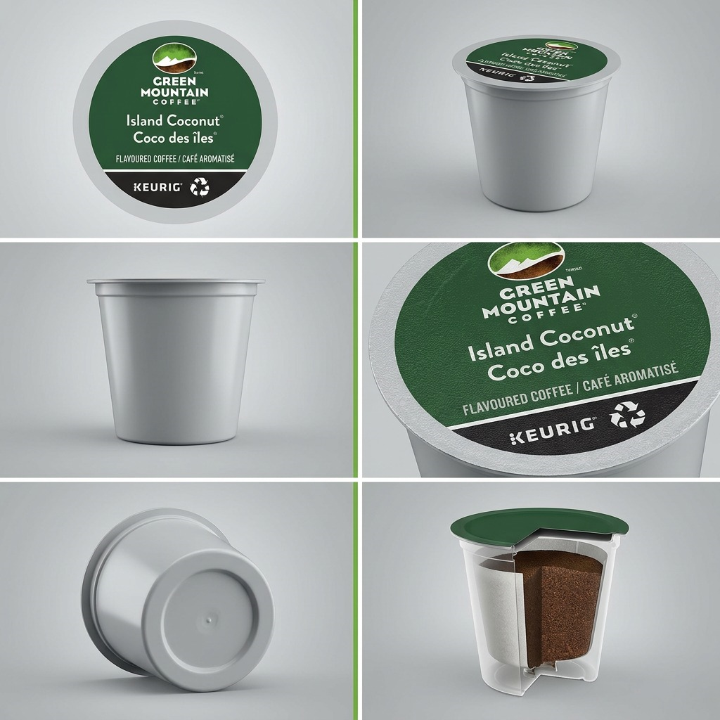 A multi-angle product matrix for Green Mountain Island Coconut Keurig pods, showing all aspects.