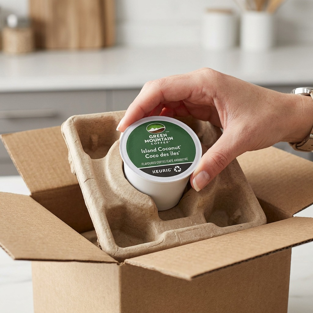 A premium unboxing view of a Green Mountain Island Coconut K-Cup, securely packed in custom protective cardboard, showing its pristine arrival.