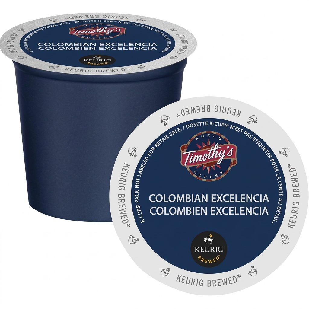 Keurig Canada Inc. Timothy's Colombian Excelencia coffee K-Cup in a navy blue pod with a white lid.