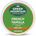 A high-resolution, centered photograph of a single Green Mountain French Vanilla Decaf Keurig K-Cup, exactly as referenced, on a pure white background with a clean, sharp product edge. The K-Cup's green label, the specific 'Green Mountain Coffee Roasters' and 'Keurig' logos, 'FRENCH VANILLA' and 'DECAF' text, and orange bordering are perfectly reproduced. realistic studio lighting without added text, packaging, or props. Perfect for a clean ecommerce hero shot.
