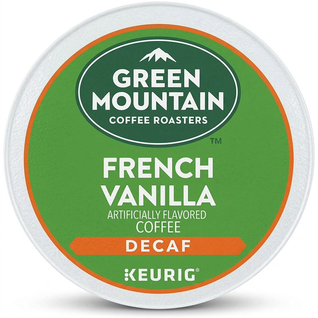 A high-resolution, centered photograph of a single Green Mountain French Vanilla Decaf Keurig K-Cup, exactly as referenced, on a pure white background with a clean, sharp product edge. The K-Cup's green label, the specific 'Green Mountain Coffee Roasters' and 'Keurig' logos, 'FRENCH VANILLA' and 'DECAF' text, and orange bordering are perfectly reproduced. realistic studio lighting without added text, packaging, or props. Perfect for a clean ecommerce hero shot.