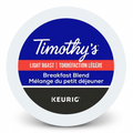 A high-resolution, centered photograph of a single Timothy's Breakfast Blend Keurig K-Cup, as seen from a top-down view, featuring all specific text and logos: Timothy's script, Light Roast, Breakfast Blend, and Keurig, against a pure white background.