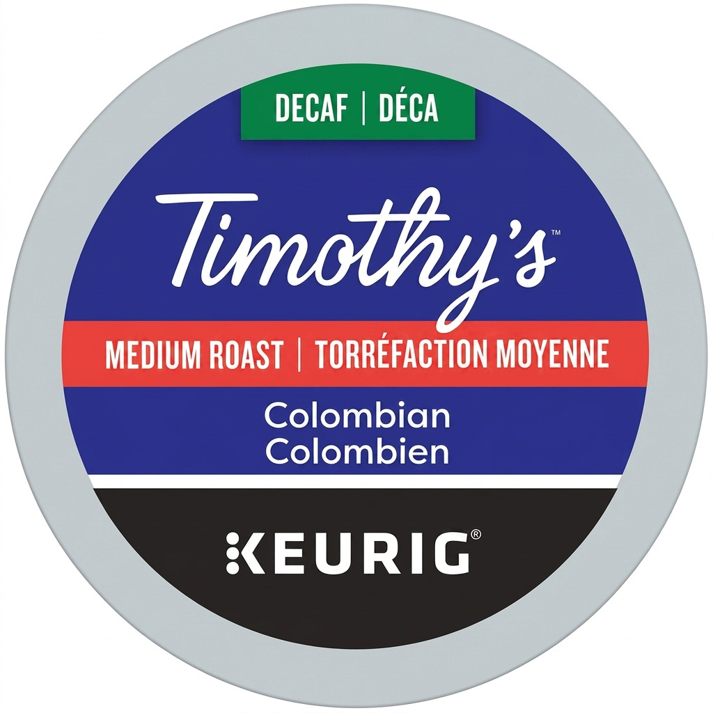 A high-resolution, pure white background studio packshot of the Timothy's Decaf Colombian K-Cup pod. The image captures the crisp details and canonical branding as a premium ecommerce hero shot, focusing on the specific product referenced.