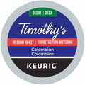 A high-resolution, pure white background studio packshot of the Timothy's Decaf Colombian K-Cup pod. The image captures the crisp details and canonical branding as a premium ecommerce hero shot, focusing on the specific product referenced.