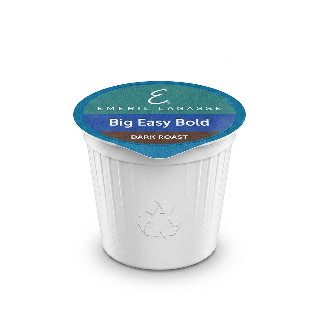 A high-resolution, centered view of an individual Emeril Lagasse Big Easy Bold dark roast K-Cup pod against a pure white background, showcasing its shape, foil lid branding, and textured sides.