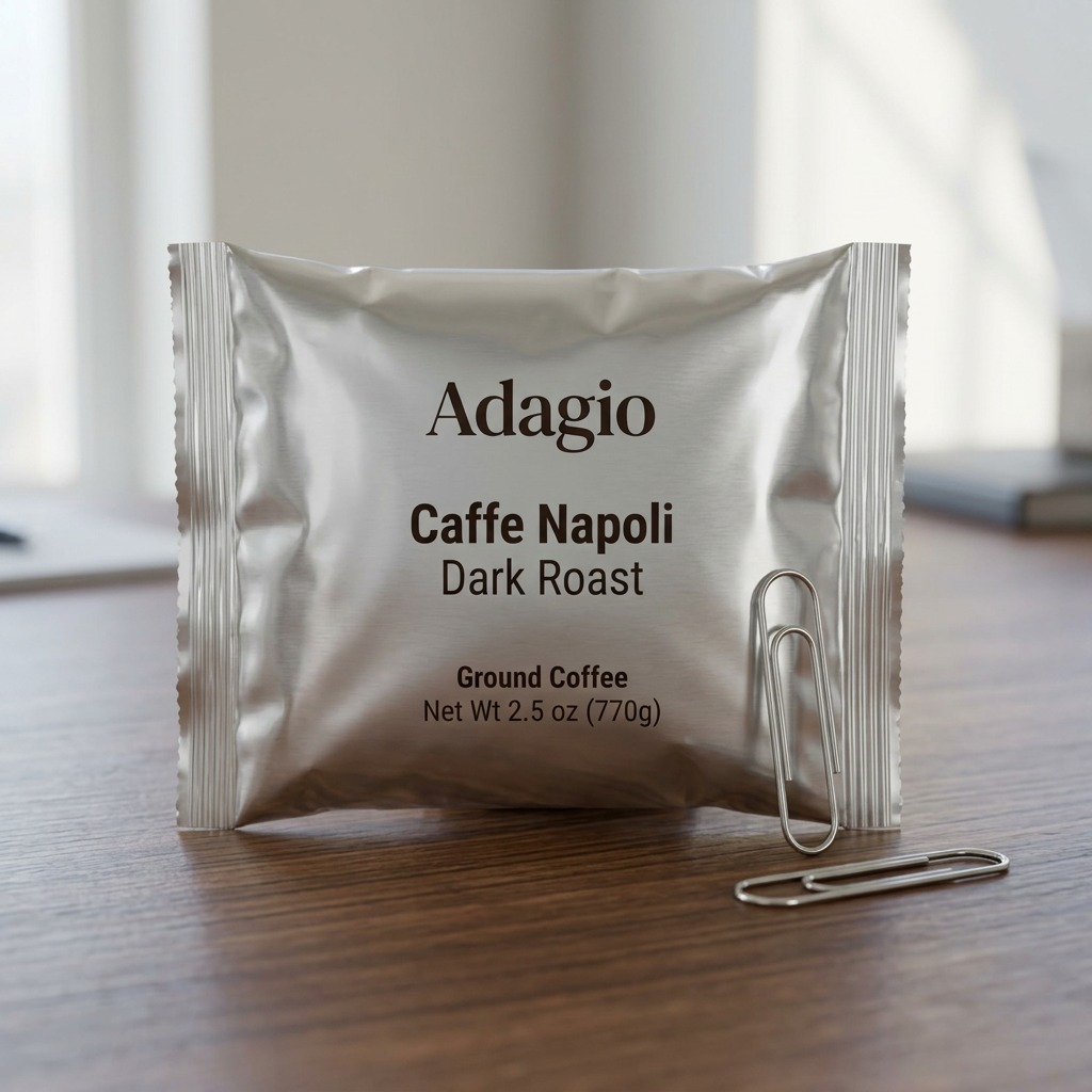 A single Adagio Caffe Napoli coffee packet stands next to standard-size paperclips on a wooden desk.