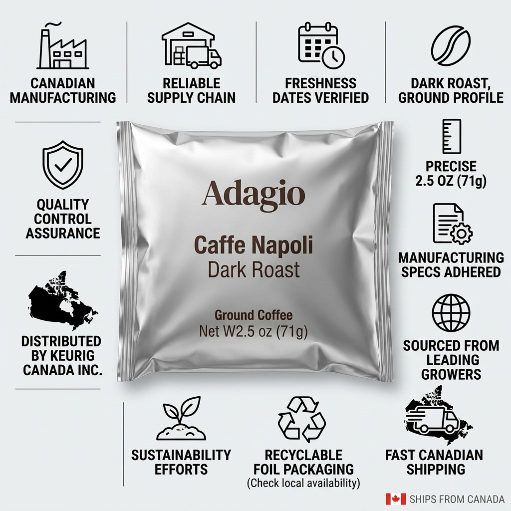 Trust and authority visual matrix for Keurig's Adagio ground coffee. Shows Canada-focused fulfillment, product specs, manufacture quality, sustainability, and fast shipping facts surrouding the central packet.