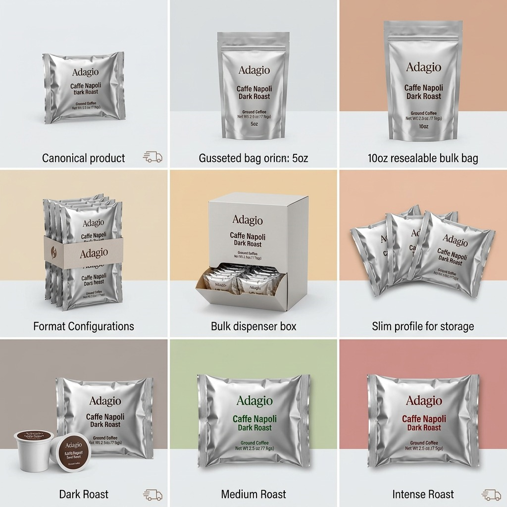 A matrix of nine silver Adagio coffee pouches, displaying different size variants (2.5oz, 5oz, 10oz) and dark roast blends available.