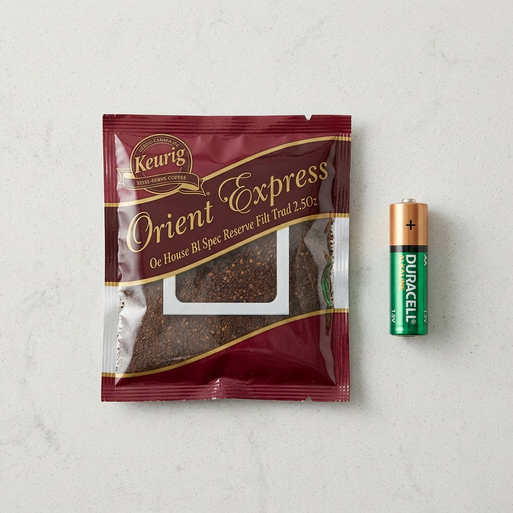 A product scale reference image featuring the Orient Express single-serve packet next to a standard AA battery.