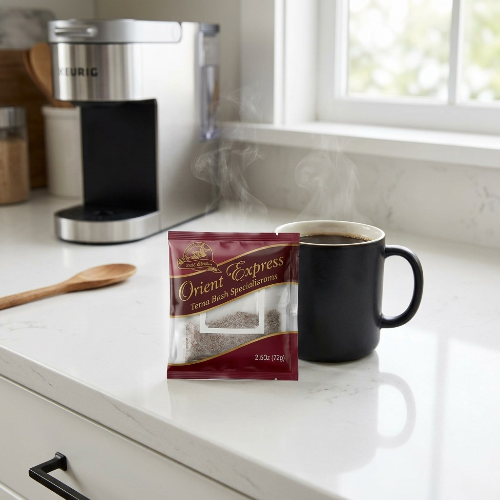 A realistic, detailed product-led image of the Keurig Orient Express coffee sachet placed in a lifestyle kitchen setting.