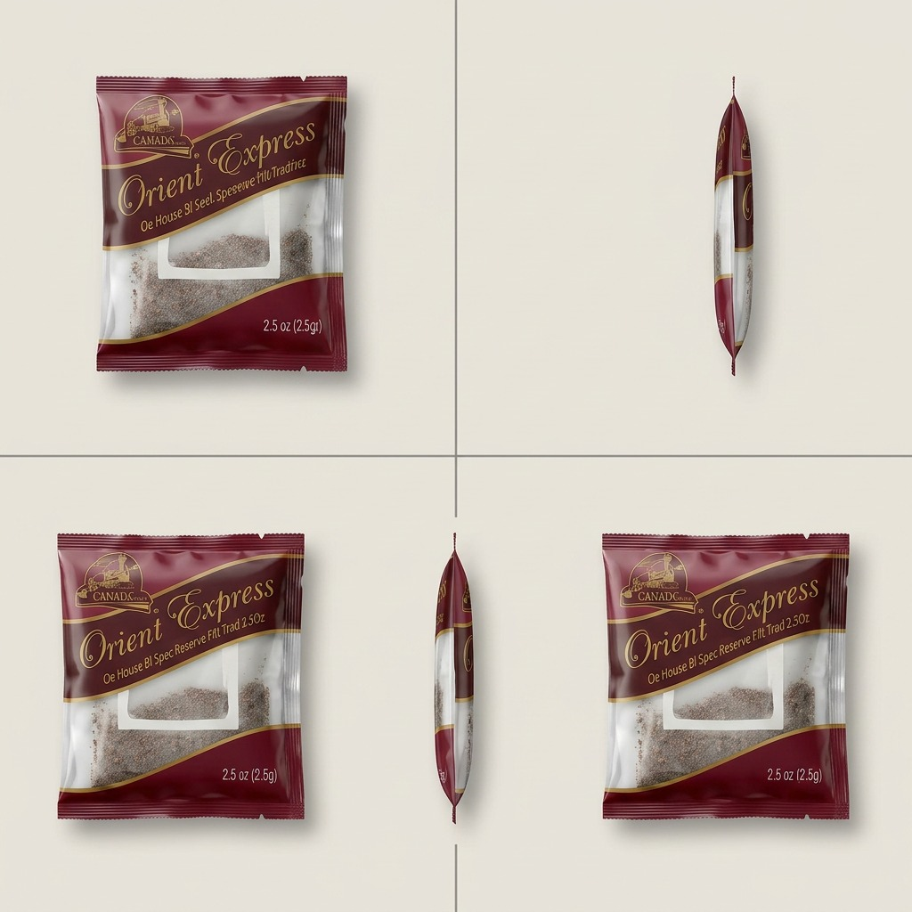 A visual matrix displaying four identical packets of Orient Express Oe House Bl Spec Reserve Filt Trad 2.5Oz, each shown from a precise 90-degree rotated angle.
