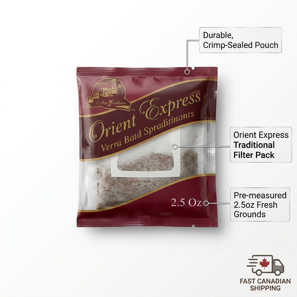 A graphic showing the Orient Express coffee ground packet with feature callouts for key product specifications and fast Canadian shipping.