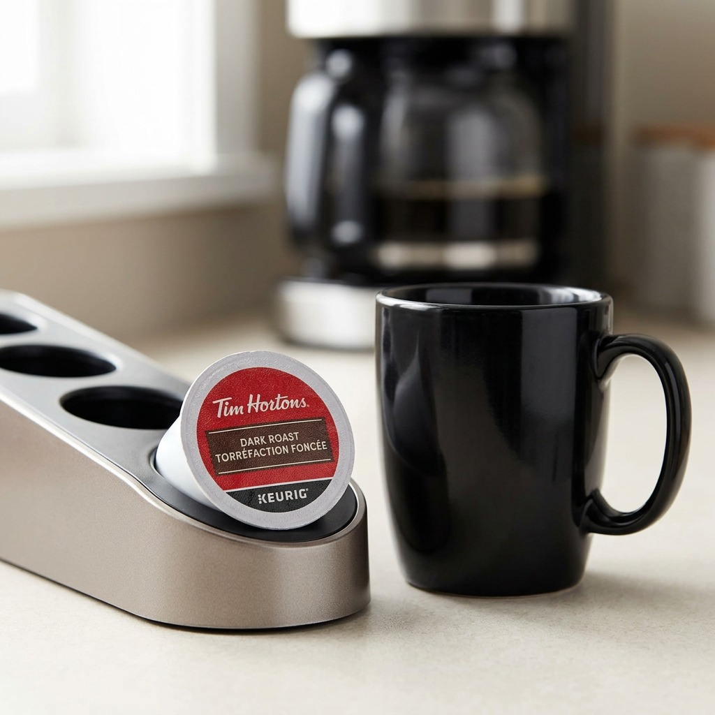 A close-up shot of a Tim Hortons Dark Roast K-Cup resting in a modern capsule holder beside a ceramic mug on a kitchen counter.
