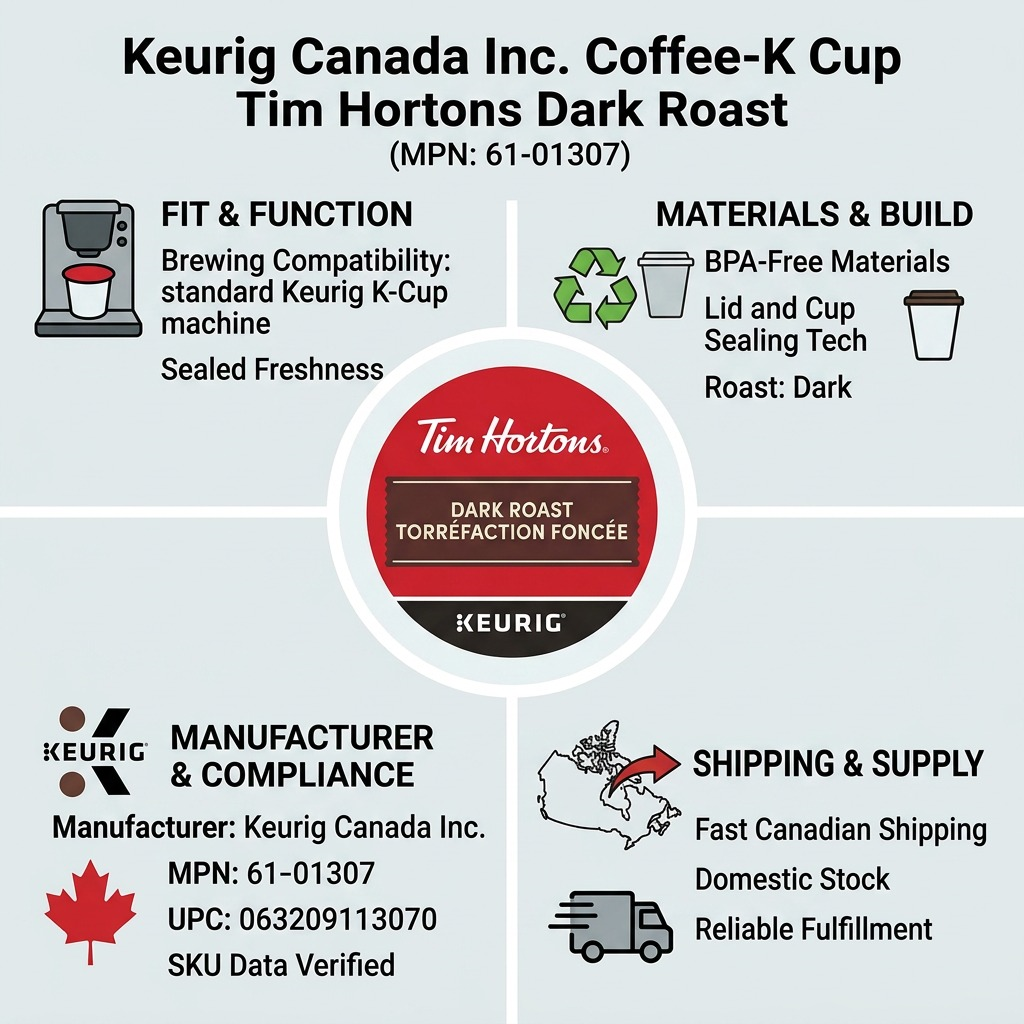 Ecommerce confidence infographic displaying Tim Hortons Dark Roast K-Cup and factual product details.