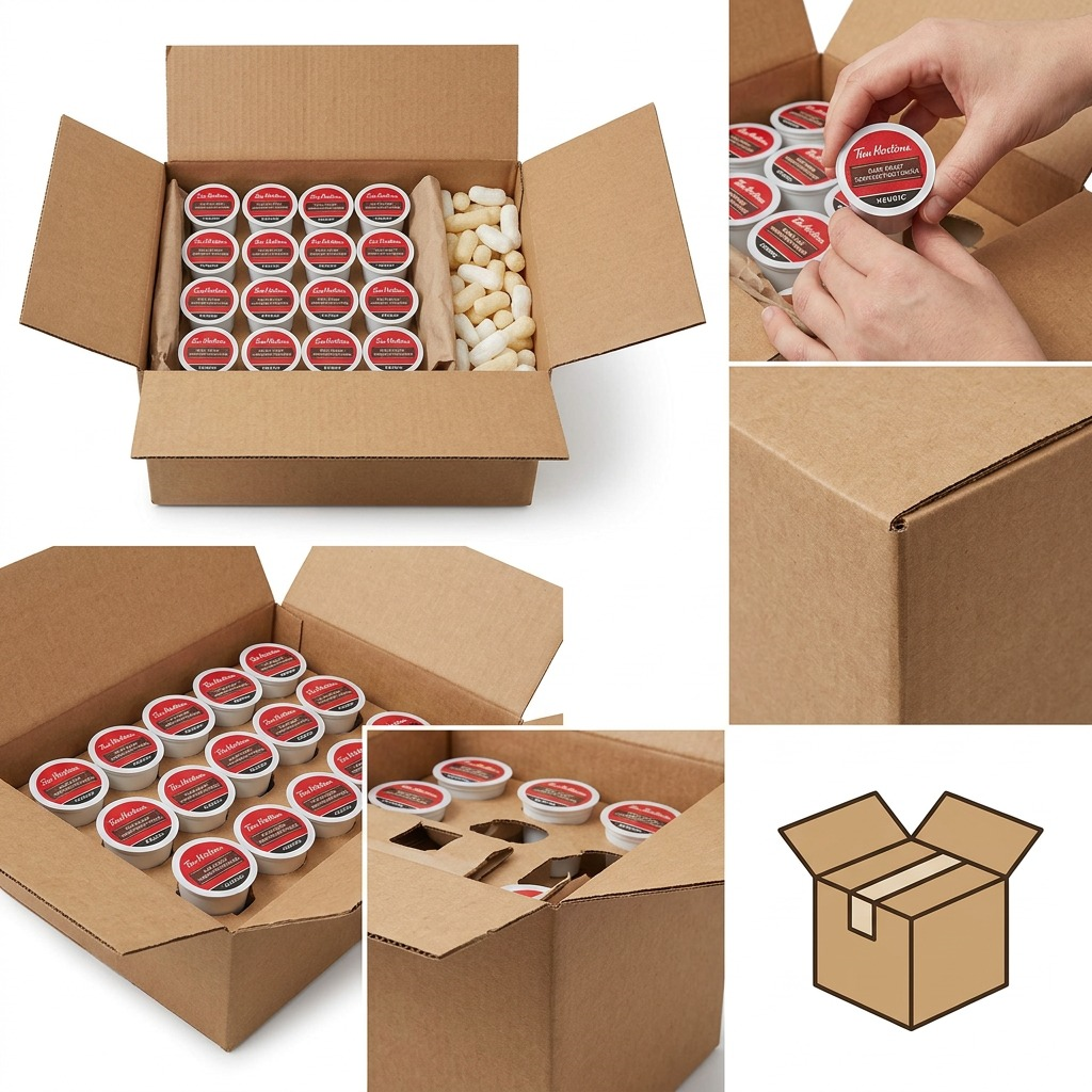 An unboxing scene shows a shipping box, nested in which are rows of intact, protected Tim Hortons K-Cups.