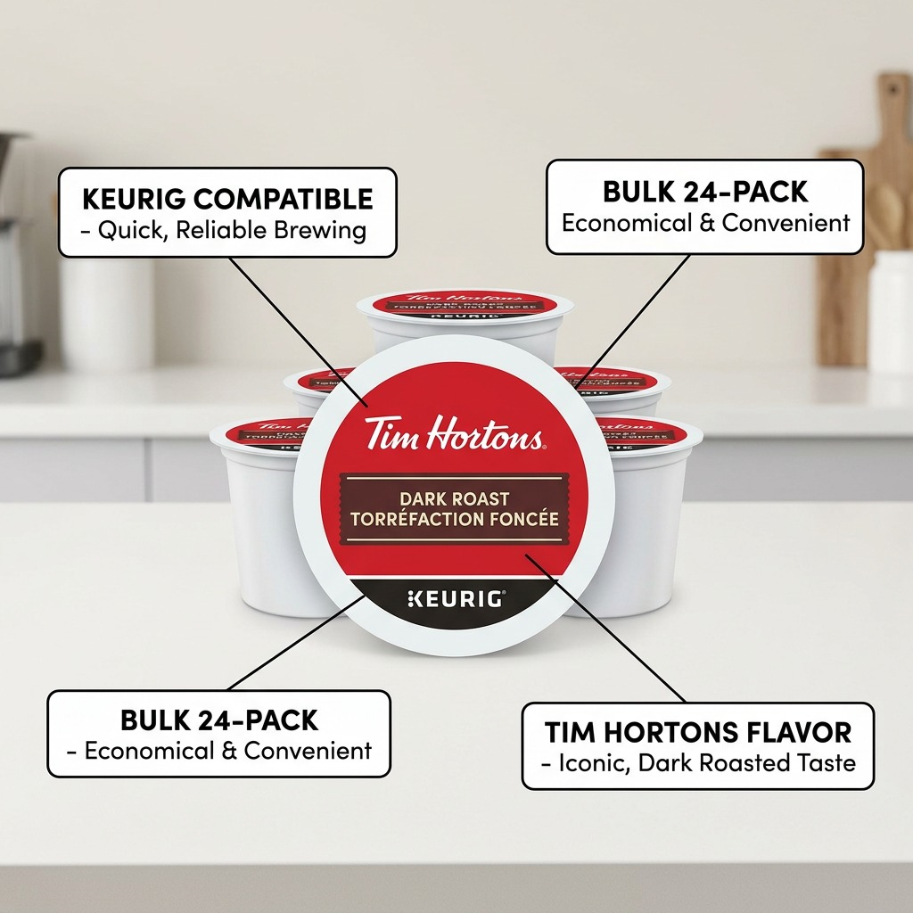 Stacked Tim Hortons Dark Roast K-Cup pods graphic with callouts for bulk savings, Keurig compatibility, and iconic flavor.