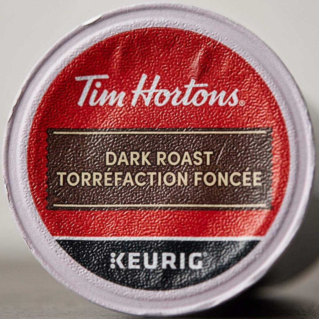 Macro close-up of a Tim Hortons Dark Roast K-Cup lid, highlighting the textured material and logos.