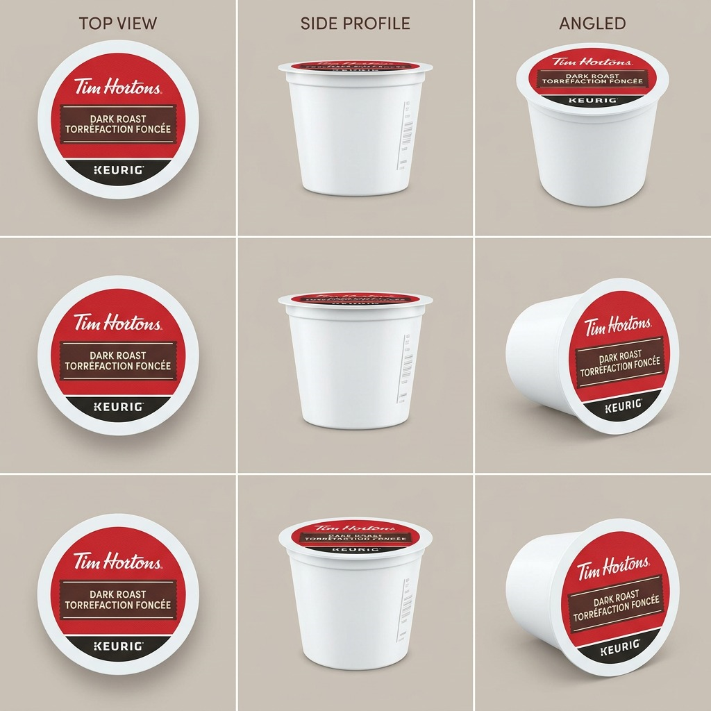A visual comparison matrix grid for the same Tim Hortons Dark Roast K-Cup product shown from multiple angles.