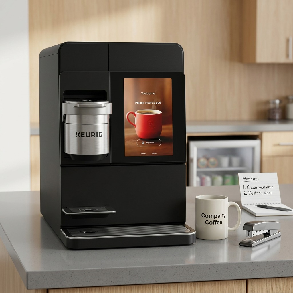 Commercial coffee machine scale, shown next to a ceramic mug, standard stapler, and notepad on a desk.