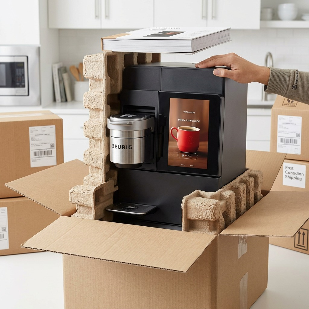 Premium unboxing scene showing the Keurig Brewer K4500 securely cushioned in molded foam inside a sturdy cardboard shipping box.