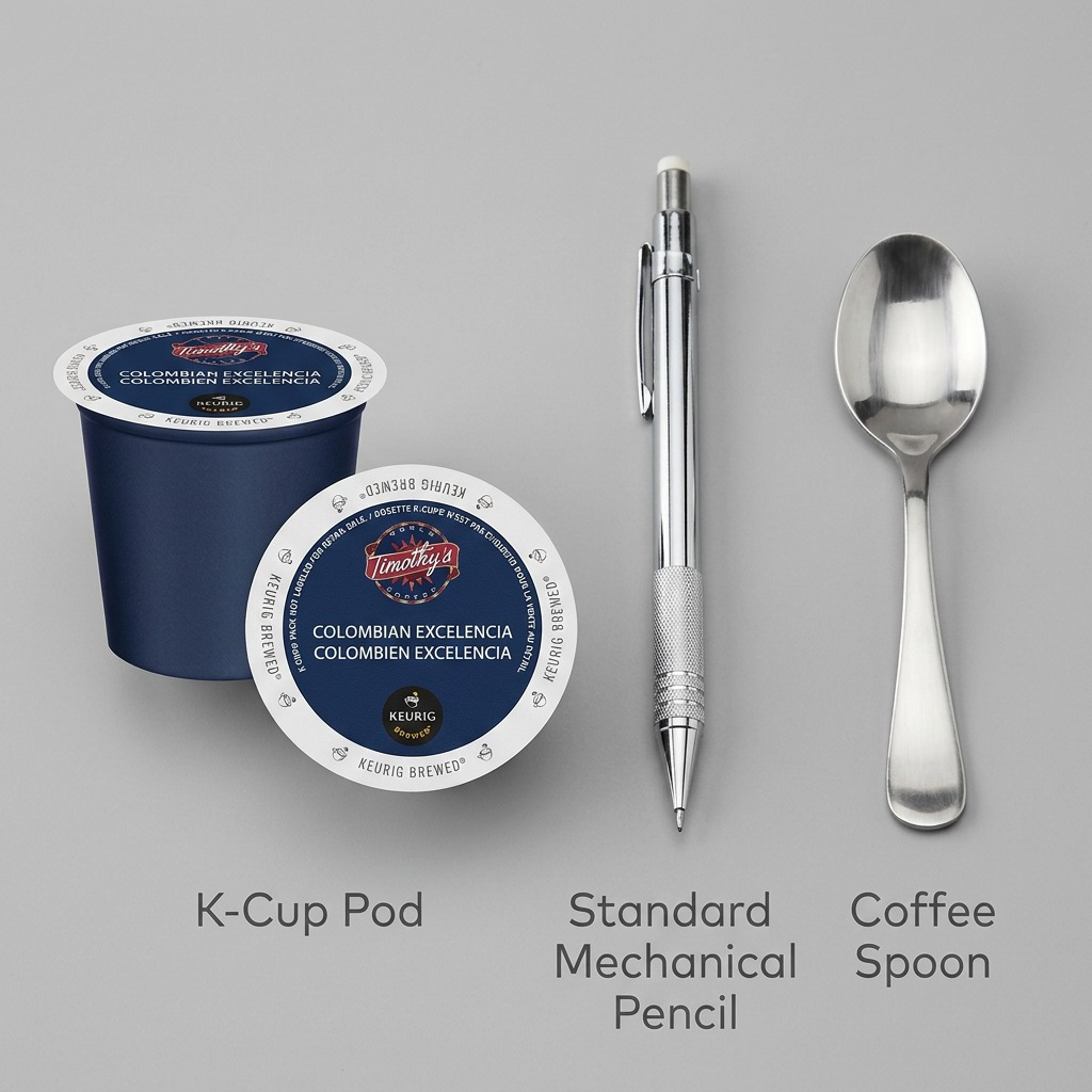 A K-Cup pod is shown on a neutral grey surface next to a chrome mechanical pencil for size.